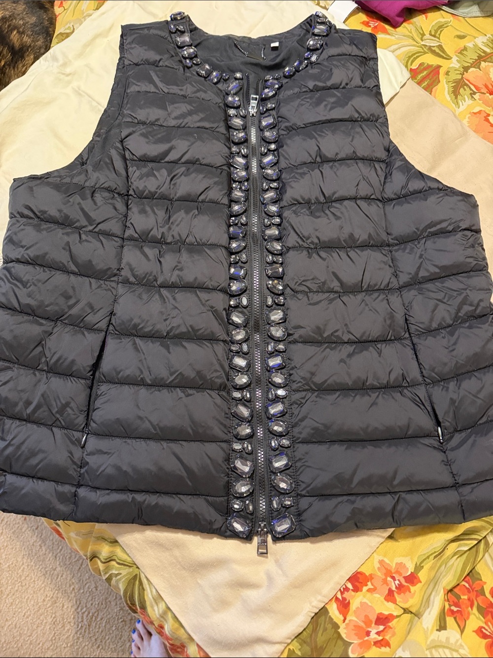 Chico's Black Quilted Vest with Jeweled Trim
